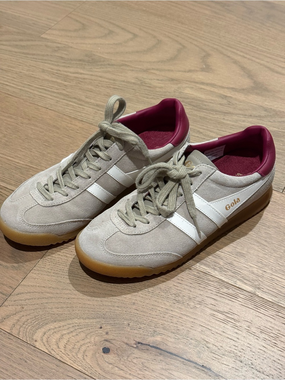 Gola Beige Suede Trainers with White Stripes and Gum Sole